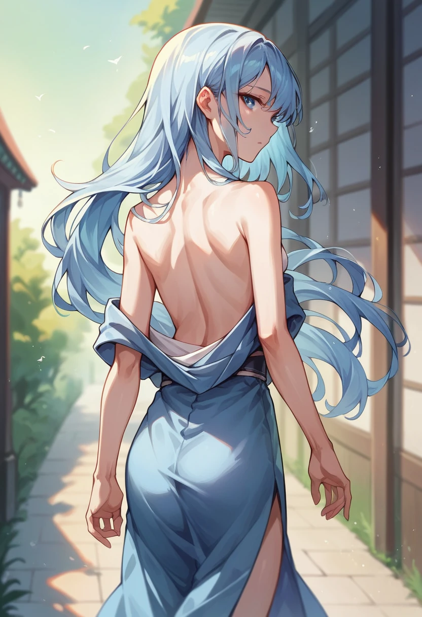 Anime  Girl, Wear a sexy outfit, Short kimono, Bare arms, Bare back, Bare shoulders, walking, Long Hair, Light blue hair, View the viewer, blue eyes