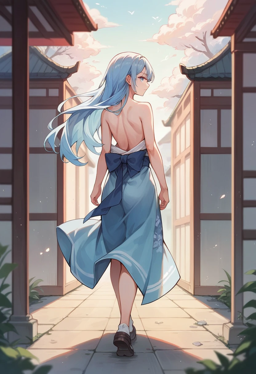 Anime School Girl, Wear a sexy outfit, Short kimono, Bare arms, Bare back, Bare shoulders, walking, Long Hair, Light blue hair, View the viewer, blue eyes