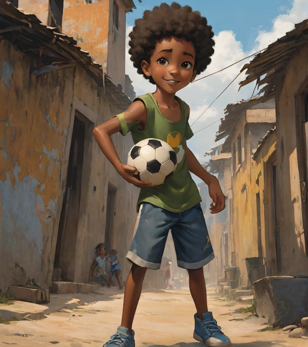 A poor Afro-Brazilian boy in a favela in Porto Alegre Rio Grande do Sul Brazil drawn by Todd McFarlane and Greg Capullo, he is wearing old and torn clothes, he is shotting a soccer ball and playing with the ball with your dog, a favela in the background, Robert Downey Jr Reference., engine unreal, octane rendering, por Jacob Lawrence e Francis Picabia, perfect composition, beautiful detailed intricate insanely detailed octane rendering trending on artstation, 8k art photography, photorrealistic concept art, soft natural volumetric cinematic perfect light, Bright dark, rewarded photography, work of art, oil on canvas, rafael, caravaggio, Greg Rutkowski, beetle, Beksinski, giger, beautiful perfect face with perfect face, a smile on your face with two large central incisors, the detail, highy detailed, photo realist
