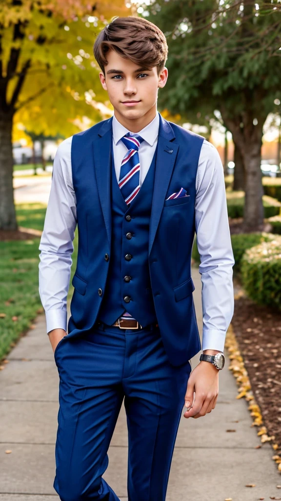 19 year old male wearing tie and lomg sleveed  button up with blazer and vest with dress pants and belts
4K HIGH REZ 

Physical Description: Brown colored hair and skinny build. 5"5 and 150 LB. Blue eyes. 

.