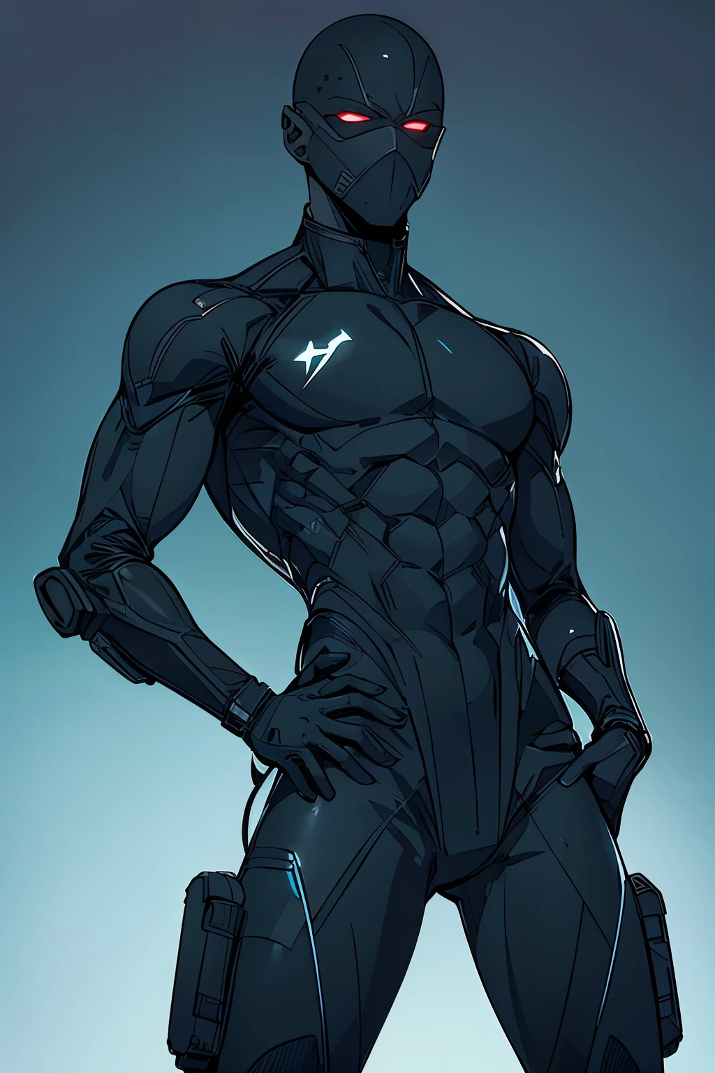 generate a guy in a futuristic hitman costume, he has a bald headed mask that covers his whole face leaving his mouth and eyes showing only, simple all black clothing, his suit has trailed lines of glowing light around it, he has a utility gear, comic style anime bold lines