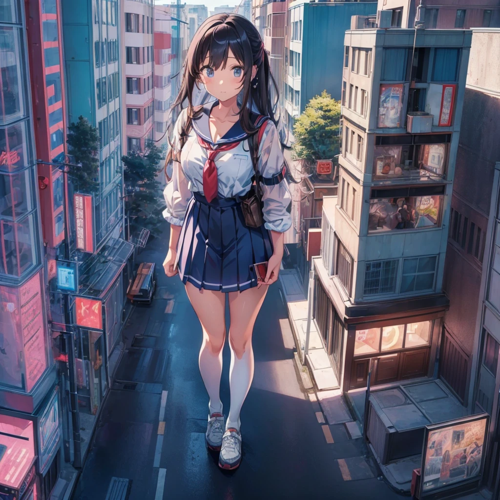 ((Top view)) ((giant girl)) ((giantess)) ((Tall Girl)) ((car)) ((telephone pole)) ((vending machine)) masterpiece Unreal Engine Anime Style Delicate painting 4K 90's giant Multiple Girls crowd Residential Street Japanese house Giant standing on the road school uniform Sailor suit skirt Black Hair smile female giant giant girl Whole body cars Crowd Unreal Engine,cleavage ,a drawing of a , earrings, long hair, 1980s (style) Cute picture Beauty Analog style whole body sneakers