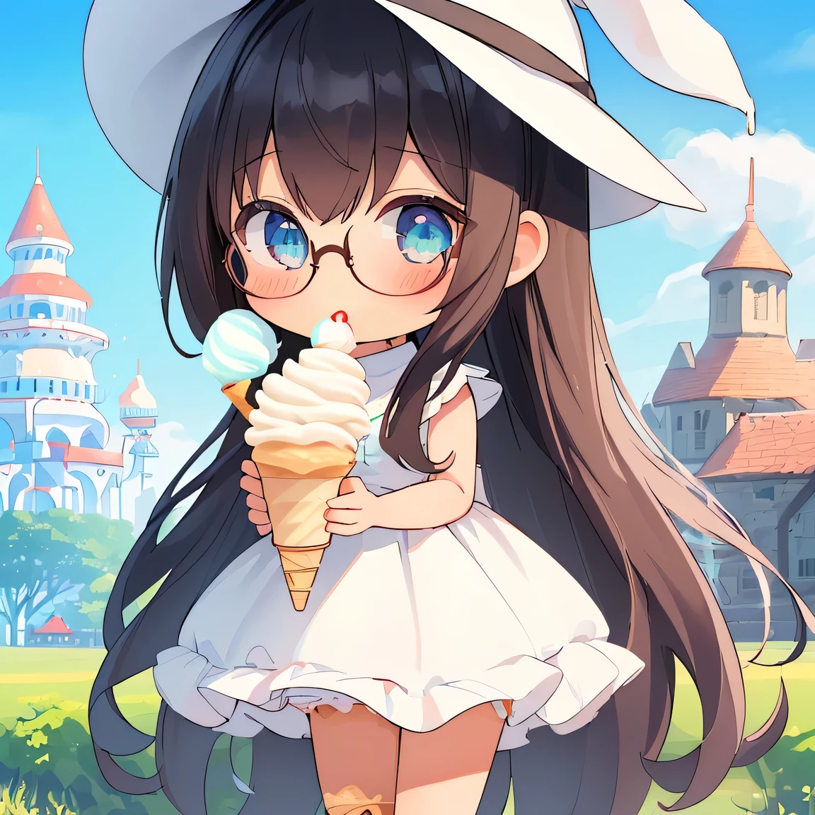 ((Masterpiece)), ((top quality)), very detailed, animated style illustration, fantasy, (chibi:1.4), 1girl, cute girl, solo, (beautiful eyes), beautiful black hair, long hair, slim, slender, medium breast, glasses, white ????????, (white floppy hat:1.2), (eating a soft serve ice cream:1.5), outdoor, (a giant tower shaped soft serve ice cream in the background:1.2).