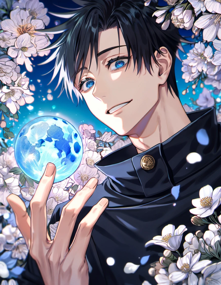 absurdres, highres, ultra detailed, HDR, master piece, Okkotsu Yuuta, black hair, expressive dark blue eyes, baggy eyes, Jujutsu Kaisen, sexy man, handsome, best quality, blue moon, flowers, fantasy, magical, solo, water, blue shining fireflies, blue petals, white shirt, Krozseria, Jujutsu Kaisen uniform, handsome smile