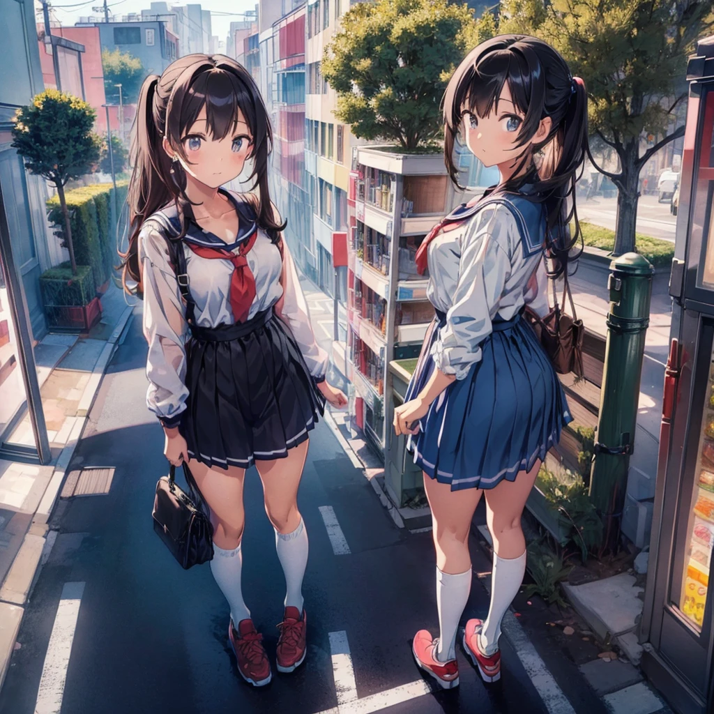((Top view))　((giant girl))　((giantess))　((Tall Girl))　((car))　((telephone pole))　((vending machine))　masterpiece　Unreal Engine　Anime Style　Delicate painting　4K　90's　giant　Multiple Girls　crowd　Residential Street 　Japanese house　　　Giant  standing on the road　school uniform　Sailor suit　skirt　Black Hair　　smile　female giant giant girl Whole body 　 cars Crowd Unreal Engine,cleavage ,a drawing of a , earrings, long hair, 1980s (style) Cute picture　Beauty　Analog style　whole body　sneakers　