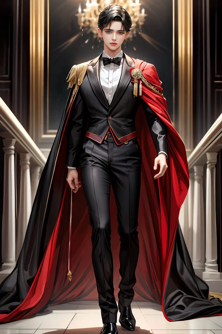 
masterpiece, 最high quality, high quality, 1 boy, alone, Male focus, Watching the audience,  Messy black hair, Adorable big blue eyes, White people, Noble, Noble,A black and red cape bursting with sexy volume、Tuxedo、A very voluminous, large, very large, very large, long, long red and black cape with a high stand-up collar, made of a lot of fabric that reaches down to the floor., 17 years old,Cute beautiful boys,Cute, cute, kind, handsome guy