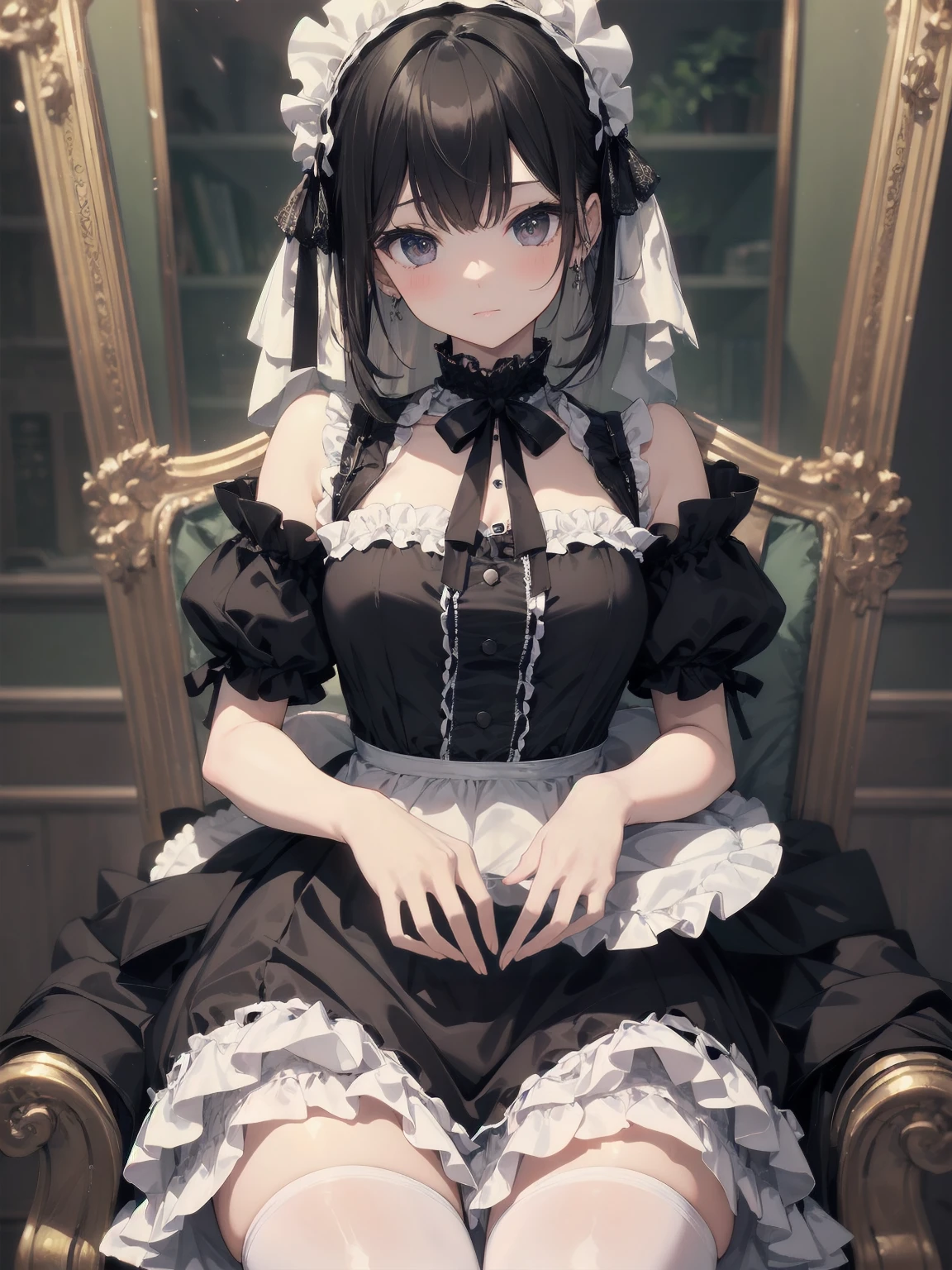 absurdres, RAW photo, extremely delicate and beautiful, masterpiece, Best Quality, ultra high resolution, 32k, hyperrealistic, ultra-detailed, delicate facial features, beautiful detailed woman, tearful mole, earring, medium breasts, full body shot, medium hair, black hair, (maid costume),