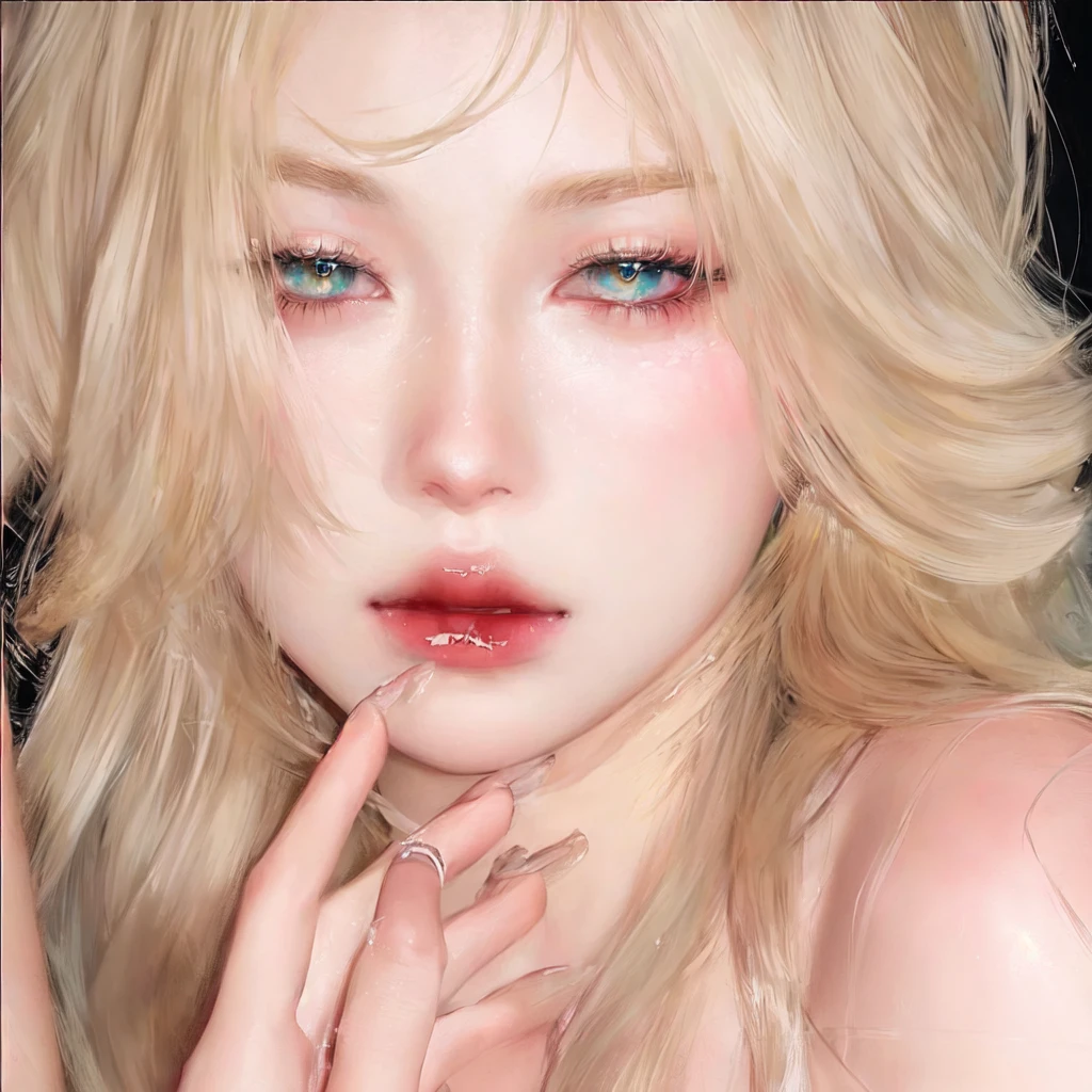 Blonde woman with a flower in her hair and a white dress, mirada de combine, jinyoung shin, Sakimichan, South Korean popular makeup, combine, with frozen flowers around it, glowing eyes of watery crystal, kim taejin, inspiration from Yanjun Cheng, ulzzang.