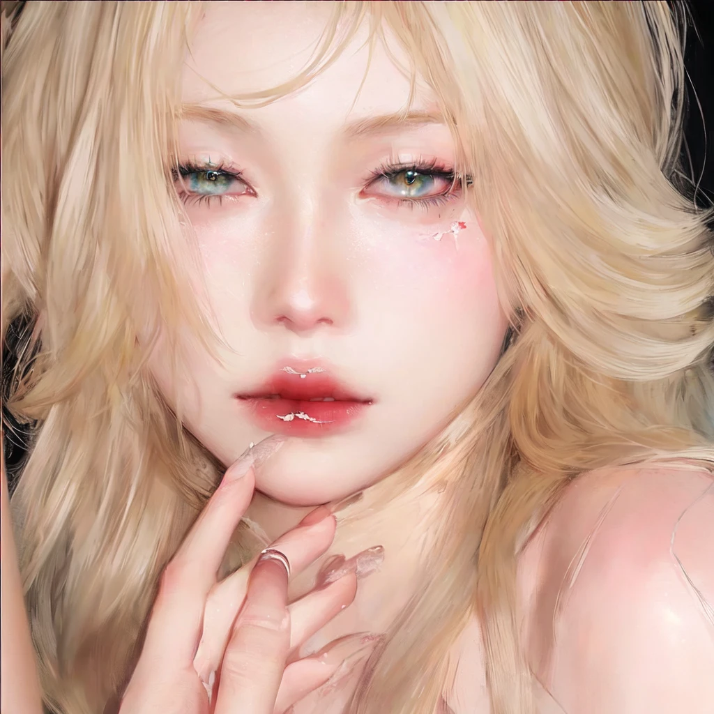 Blonde woman with a flower in her hair and a white dress, mirada de combine, jinyoung shin, Sakimichan, South Korean popular makeup, combine, with frozen flowers around it, glowing eyes of watery crystal, kim taejin, inspiration from Yanjun Cheng, ulzzang.