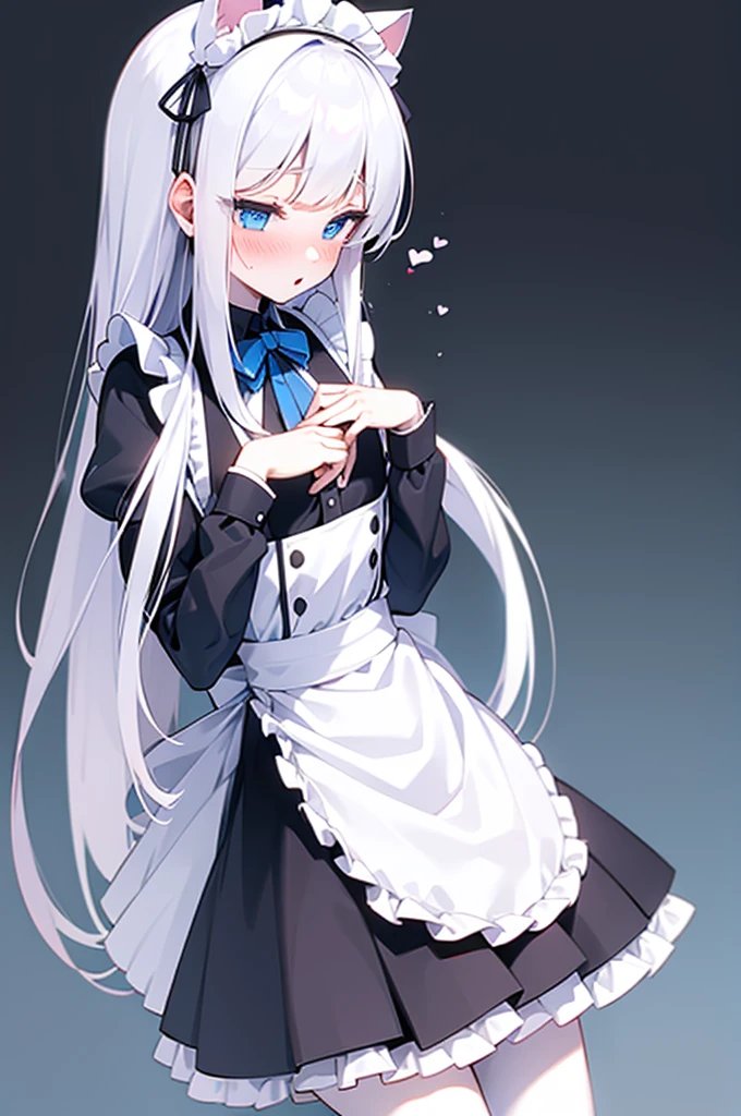 Neko girl in very short maid clothes, pale skin, blushing, white long hair, blue wide eyes, big chest