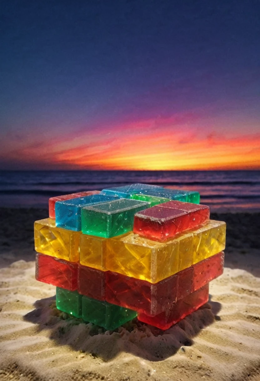 gummiray tridimentional, backlight, amazing colours, NIGHT beach background