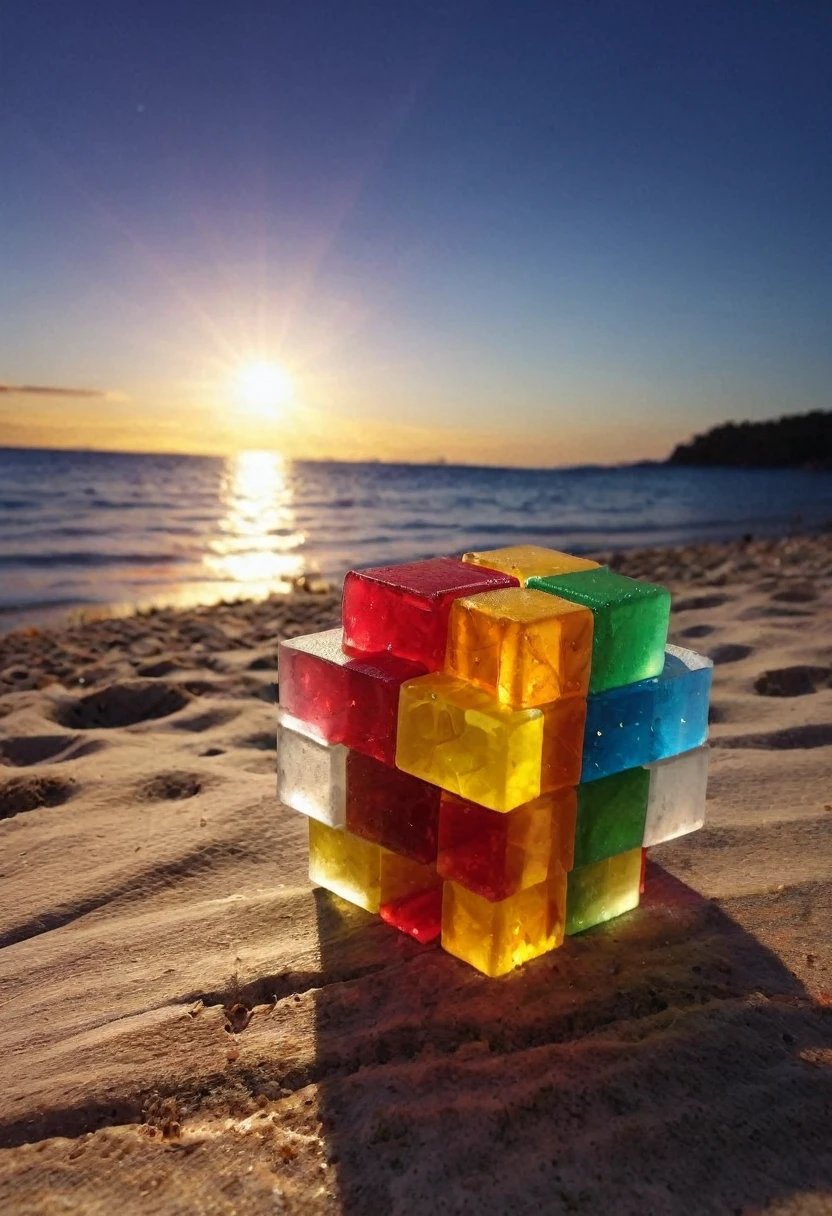 gummiray tridimentional, backlight, amazing colours, NIGHT beach background