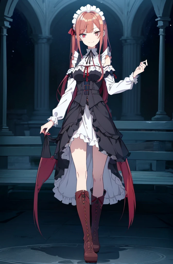 [(cathedral background:1.4)::5],original,(illustration:1.1),(best quality),(masterpiece:1.1),(extremely detailed CG unity 8k wallpaper:1.1), (colorful:0.9),(mid shot:0.95),(full body:1.5),Dynamic angle,(solo:1.2), (girl),((adult)), (detailed beautiful eyes:1.15), (beautiful face:1.15), (glowing red eyes:1.25////),((red medium hair)),(blunt bangs),(high twintails),(+perfect hand+:1.21),(Draw an illustration of a gothic girl),(Religious),(slender),(is wearing boots on her feet),((is wearing white maid clothes)),(furious), Lace Off-shoulder ta fashion,beautiful slender woman,((evil smile)),adult,thin legs,((red hair)),
