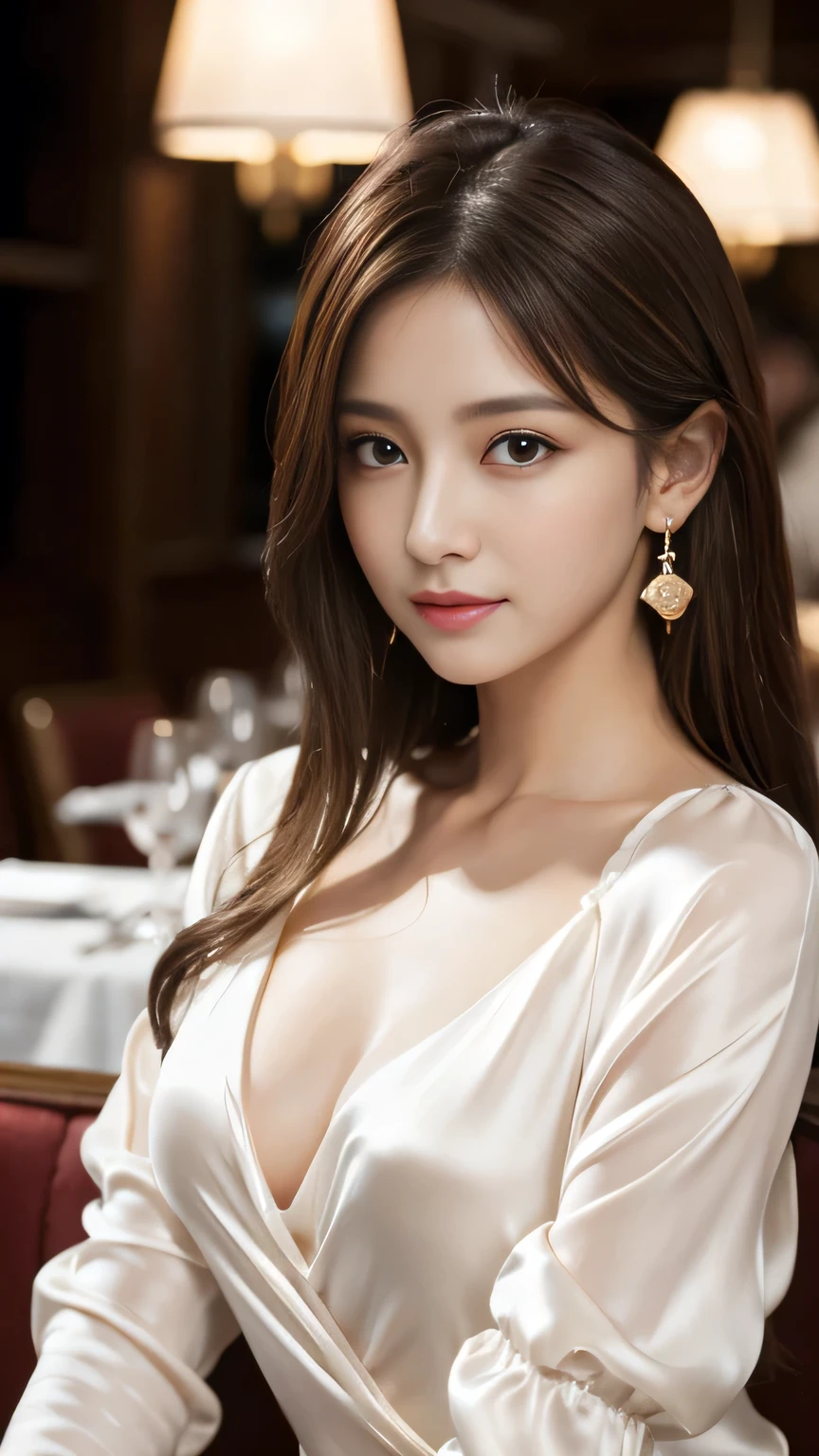 masterpiece, Highest quality, Realistic, Very detailed, Finer details, High resolution, 8k wallpaper, One beautiful woman, Wear a white silk blouse, In a great restaurant, At night, Light brown messy hair, Perfect dynamic composition, Beautiful and beautiful eyes、Big earrings、Small breasts、