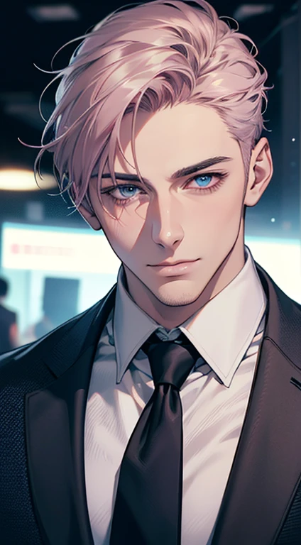 (Highest quality,4K,8K,High resolution,masterpiece:1.2),Super detailed,(Realistic,photoRealistic,photo-Realistic:1.37),1 person,31 years old,Mature Men,Beautiful skin、very handsome,Expressionless,smile,Short gray pink hair,blue eyes,Sharp Eyes,A perfect face without a doubt,Businessman,Office Background,Cinema Lighting,HDR image,tie、