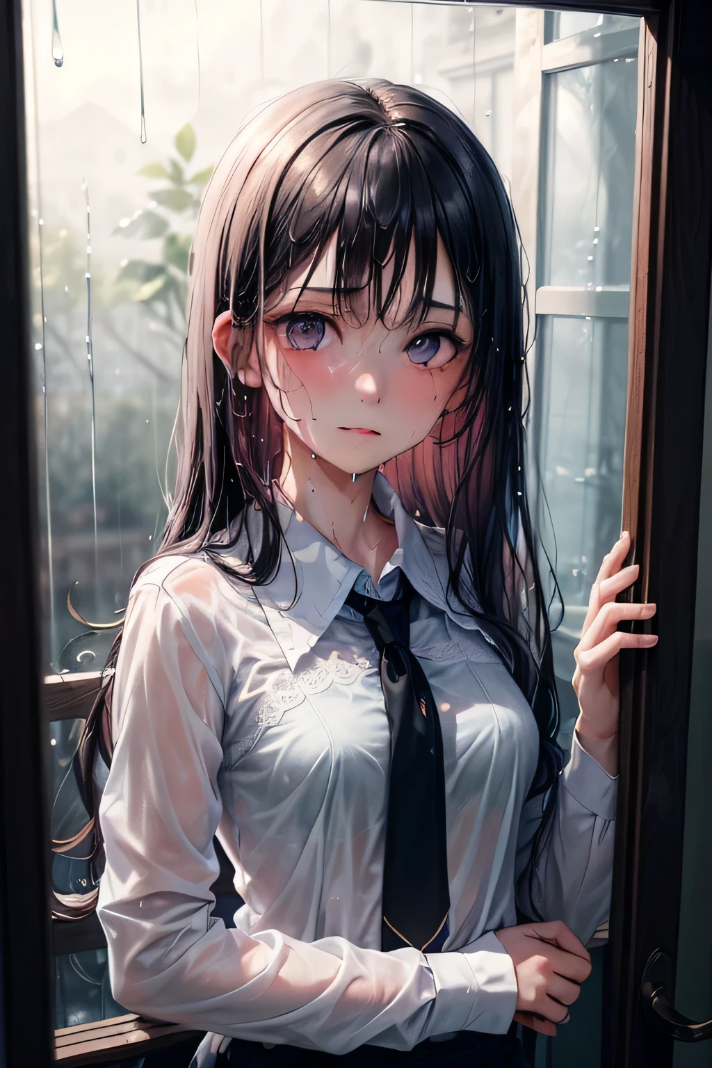 ((Highest quality,4K,High resolution,masterpiece:1.2, Beautiful ultra-detail)),pretty girl, whole body, evening, White wall, Rainy Window, (Raindrops on the window glass), beautiful girl, Slender body, (Medium chest, Beautiful body), (White shirt, Long sleeve, tie,), Droopy eyes,(Troubled expression, Delicate eyelashes), Beautiful lip detail, Highly detailed eyes and face, Looking into the camera, ((Coquettish, Red cheeks)), (Rainy Window:1.2),(Serene atmosphere),(Semi-long hair, Wet Hair, ),(Subtle purple hue),,(Calm expression),(Beautiful views),(Wet Hair),(Peaceful atmosphere),The story begins