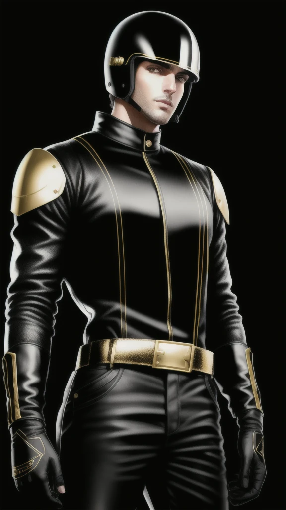 A avatar of a tall man, a misterious racer, stands trusting in a radiant black racing helmet, adorned with gleaming gold accents, paired with sleek black overalls with a gold vertical stripes and vibrant black gloves, striking a right arm lifted up pose, exuding confidence. in a neutral background. High Quality, Realistic