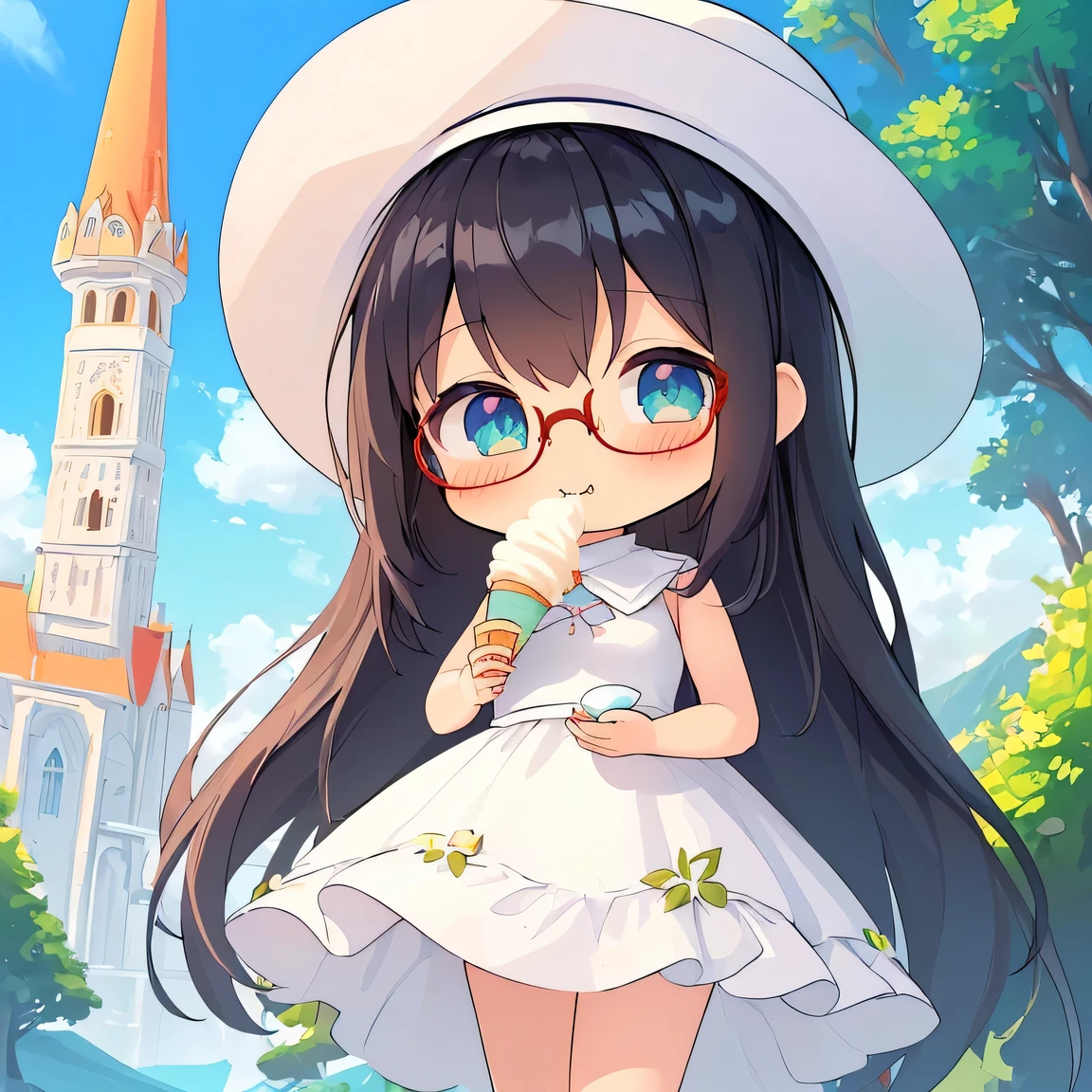 ((Masterpiece)), ((top quality)), very detailed, animated style illustration, fantasy, (chibi:1.4), 1girl, cute girl, solo, (beautiful eyes), beautiful black hair, long hair, slim, slender, medium breast, glasses, white sundress, (white floppy hat:1.2), (eating a soft serve ice cream:1.3), outdoor, (a giant tower shaped soft serve ice cream in the background:1.2).