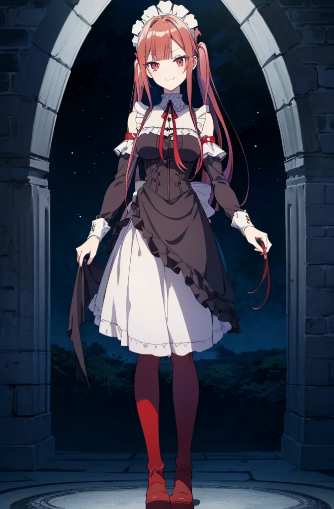 [(cathedral background:1.4)::5],original,(illustration:1.1),(best quality),(masterpiece:1.1),(extremely detailed CG unity 8k wallpaper:1.1), (colorful:0.9),(mid shot:0.95),(full body:1.5),Dynamic angle,(solo:1.2), (girl),((adult)), (detailed beautiful eyes:1.15), (beautiful face:1.15), (glowing red eyes:1.25////),((red medium hair)),(blunt bangs),(high twintails),(+perfect hand+:1.21),(Draw an illustration of a gothic girl),(Religious),(slender),(is wearing boots on her feet),((is wearing white maid clothes)),(furious), Lace Off-shoulder ta fashion,beautiful slender woman,((evil smile)),adult,thin legs,((red hair)),