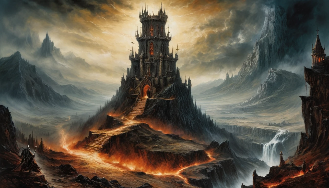 Highly detailed, UHD, 32k, medieval fantasy, Luis Royo style, heavy metal magazine cover, oil on canvas. Landscape, a demonic tower in a hellish scenery