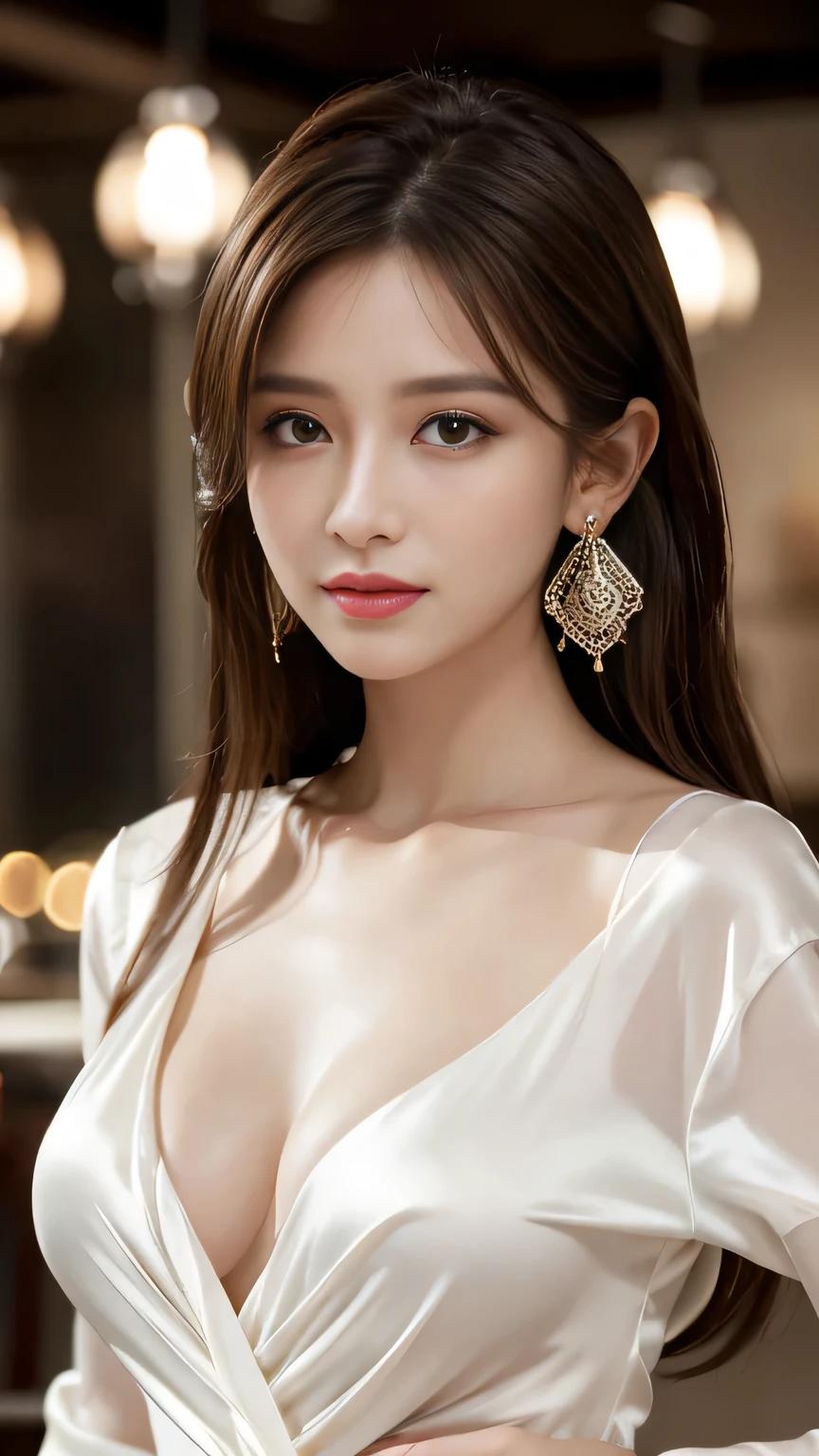 masterpiece, Highest quality, Realistic, Very detailed, Finer details, High resolution, 8k wallpaper, One beautiful woman, Wear a white silk shirt, In a great restaurant, At night, Light brown messy hair, Perfect dynamic composition, Beautiful and beautiful eyes、Big earrings、Large Breasts、