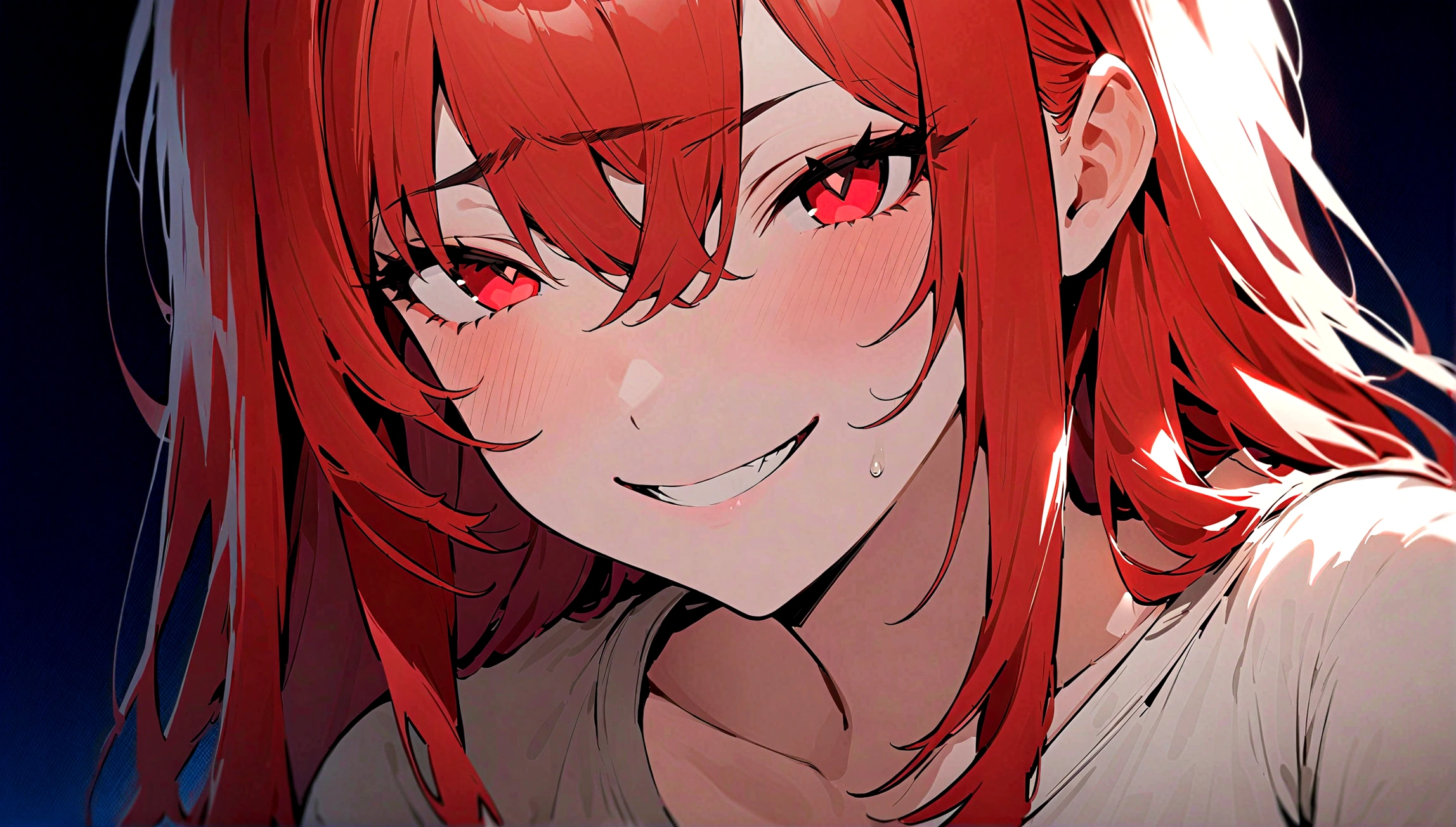 (Masterpiece:1.2, Best Quality), 1 woman, whole body, T-shirt, Casual, big breasts,long red hair, minimal makeup,pale,Natural fabrics, closeup face, evil smile, bright red eyes circular pupils,4k high resolution,UHD, detailed lines