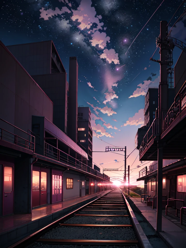 Animated scene of a train passing under a pink and purple sky, Anime drawing by Makoto Shinkai, Topics on pixiv, magical realism, Beautiful anime scene, Space Sky. by Makoto Shinkai, ( ( makoto shinkai ) ), by Makoto Shinkai, Anime Background Art, Makoto Shinkai's Style