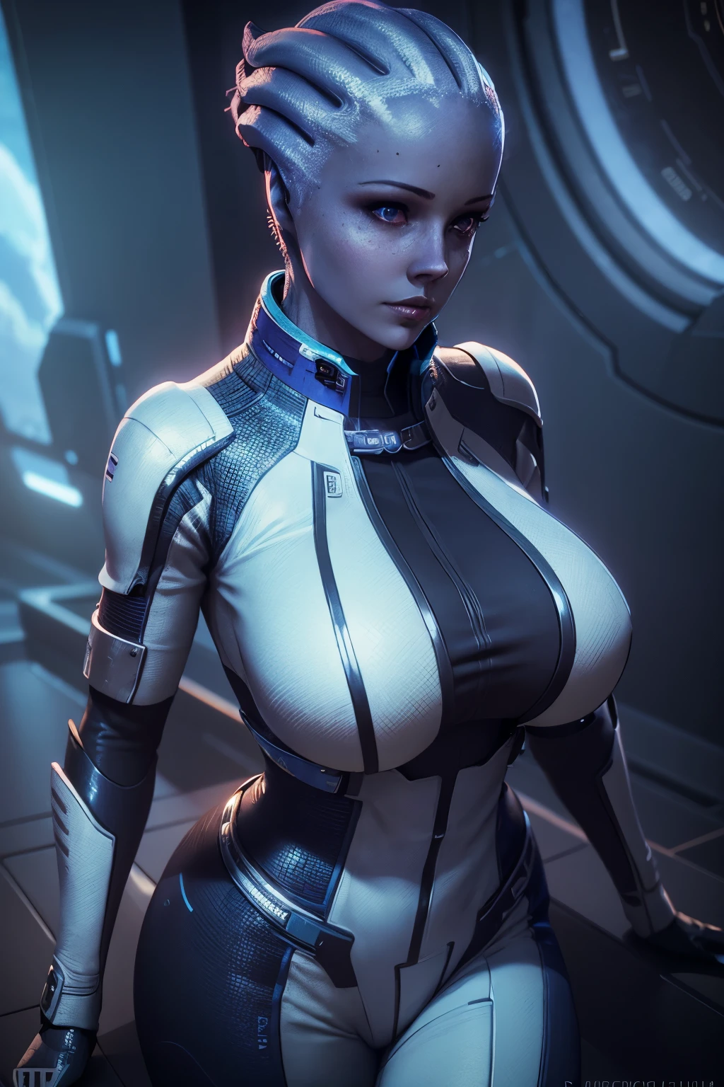 liara, asari, woman wearing futuristic suit in spaceship, facing camera, 24mm, 4k textures, soft cinematic light, adobe lightroom, photolab, hdr, intricate, elegant, highly detailed, sharp focus, ((((cinematic look)))), soothing tones, insane details, intricate details, hyperdetailed, low contrast, soft cinematic light, dim colors, exposure blend, hdr, faded, 