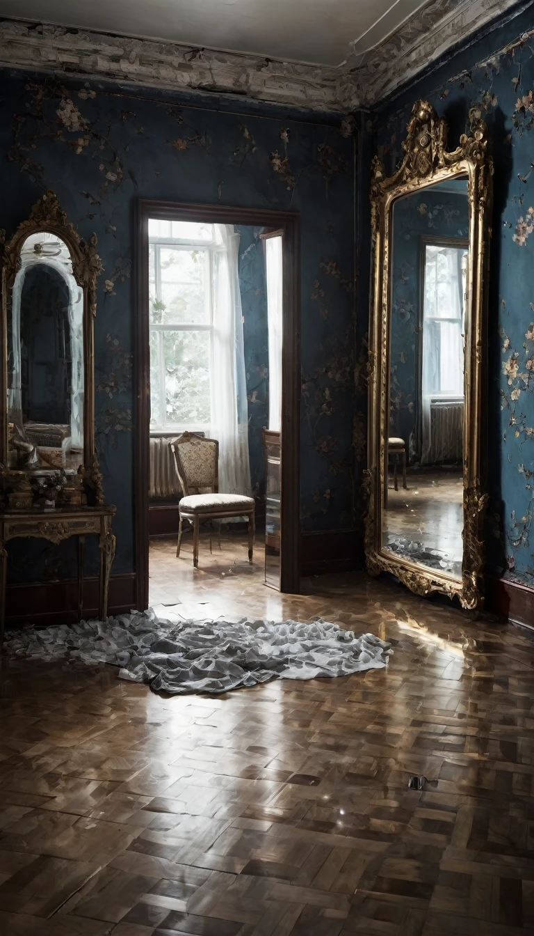 Image of an old room with a , full of mirrors on the wall, Hi image, I'm Mariana. When I was , I moved with my family to an old house. One of the rooms had mirrors on all four walls.. It was strange, but the house was cheap and we accepted.
On the very first night, I heard strange noises coming from that room. When I went to investigate, I saw my reflection in the mirror, but it seemed... different. My reflection smiled sinisterly and began to move independently of me.
I ran out and never went into that room again.. Months later, we discovered that the previous owner of the house was a woman who performed rituals with mirrors. Since then, we avoid mirrors at home.", high resolution, 8K