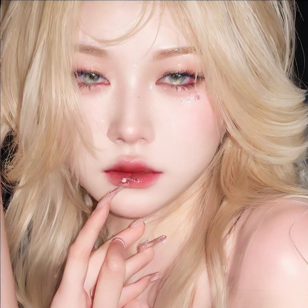 Blonde woman with a flower in her hair and a white dress, mirada de combine, jinyoung shin, Sakimichan, South Korean popular makeup, combine, with frozen flowers around it, glowing eyes of watery crystal, kim taejin, inspiration from Yanjun Cheng, ulzzang.