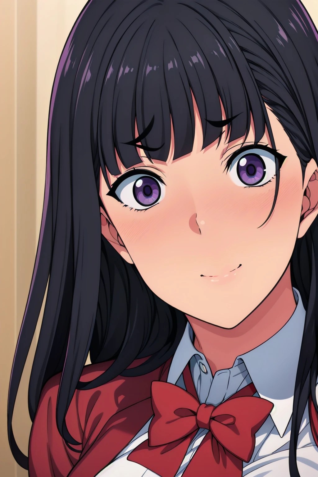 White Background, dynamic pose,standing at attention, red_bowtie,White_Shirt, pleated_skirt,long sleeves, , Purple eyes, Black hair,bangs,long hair, 1 girl, 20yo,Young female,Beautiful long legs,Beautiful body, Beautiful Nose,Beautiful character design, perfect eyes, perfect face,expressive eyes,perfect balance, looking at viewer,(Focus on her face),closed mouth, (innocent_big_eyes:1.0),(Light_Smile:0.3), official art,extremely detailed CG unity 8k wallpaper, perfect lighting,Colorful, Bright_Front_face_Lighting,White skin, (masterpiece:1.0),(best_quality:1.0), ultra high res,4K,ultra-detailed, photography, 8K, HDR, highres, absurdres:1.2, Kodak portra 400, film grain, blurry background, bokeh:1.2, lens flare, (vibrant_color:1.2),professional photograph, (Beautiful,large_Breasts:1.2), (beautiful_face:1.5),(narrow_waist),