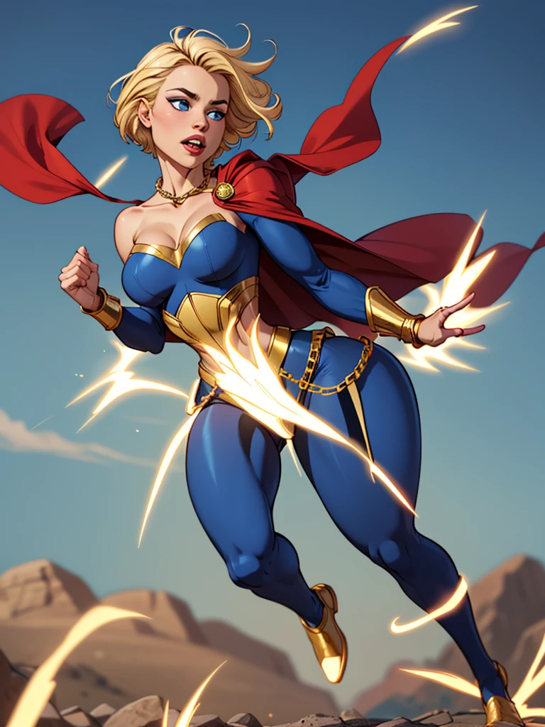 Young female, blonde with short hair, with big, bright blue eyes, wearing a blue costume, defined chest, wearing a golden shoulder pad in the shape of an eagle, with a golden chain running across his chest holding a red cape 