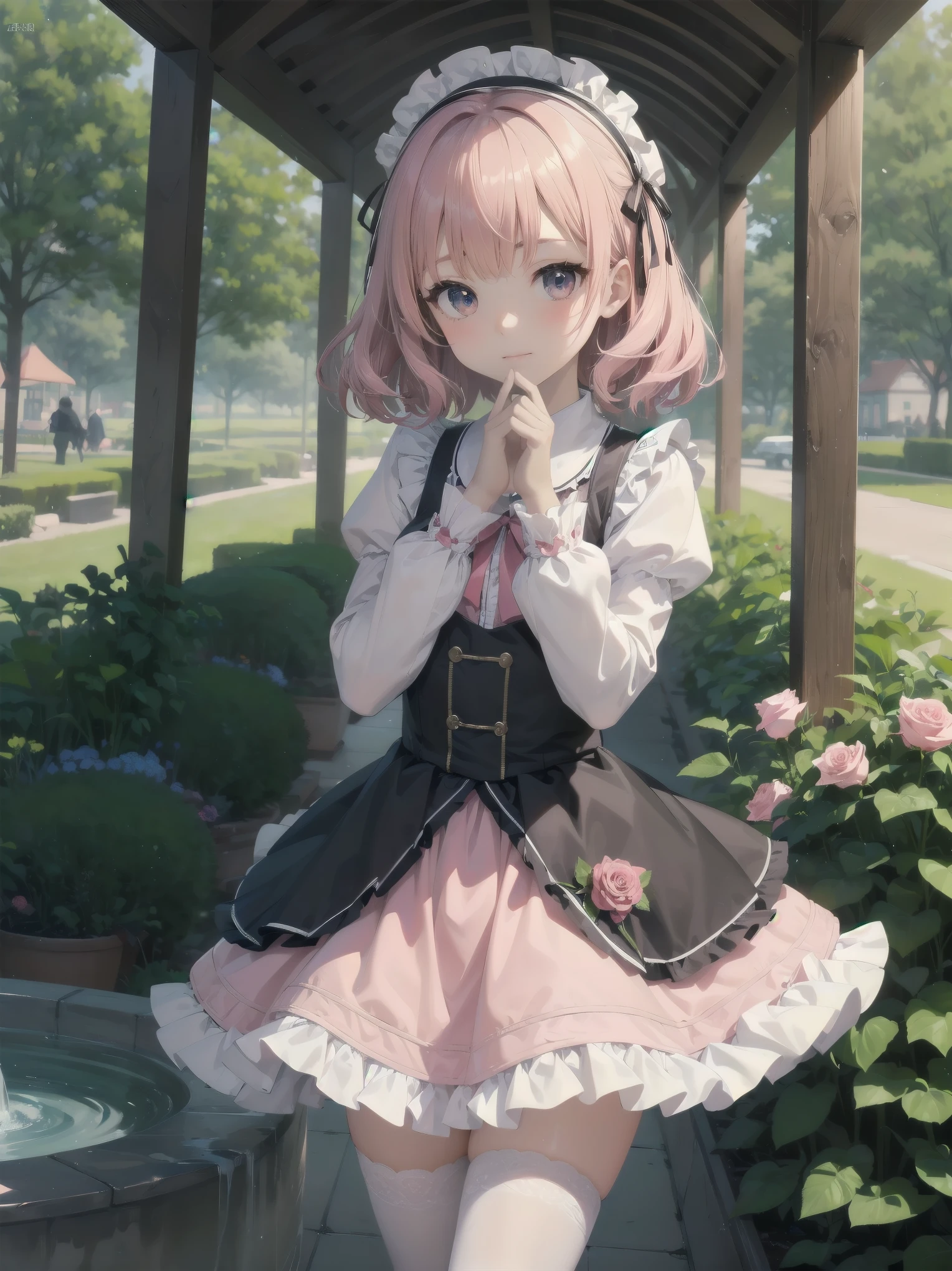 (Masterpiece: 1.2), (Best quality: 1.2), Superb resolution, Very detailed. BREAK. ((Anime girl in sweet lolita-inspired uniform)), clear girl, (1, Shy, 9 : 1.3), soft smile, demure pose, curly pastel hair, doe eyes,  figure, (Top quality: 1.2), very high resolution, very detailed. Expressive eyes, beautifully detailed lips, high resolution detailed hair, perfect face, porcelain skin, delicate hands, perfect lighting. BREAK. ((Frilly lolita-style uniform with lace details)), ((Pink blouse with puff sleeves, white pinafore, rose patterns: 1.3)), knee-high socks with bows, platform shoes. BREAK. (School garden), flower beds, gazebo, fountain, soft sunlight, (cowboy shot composition: 1.2). BREAK. ((Positive: 1.3)). BREAK. Digital animation art, sweet lolita anime style illustration