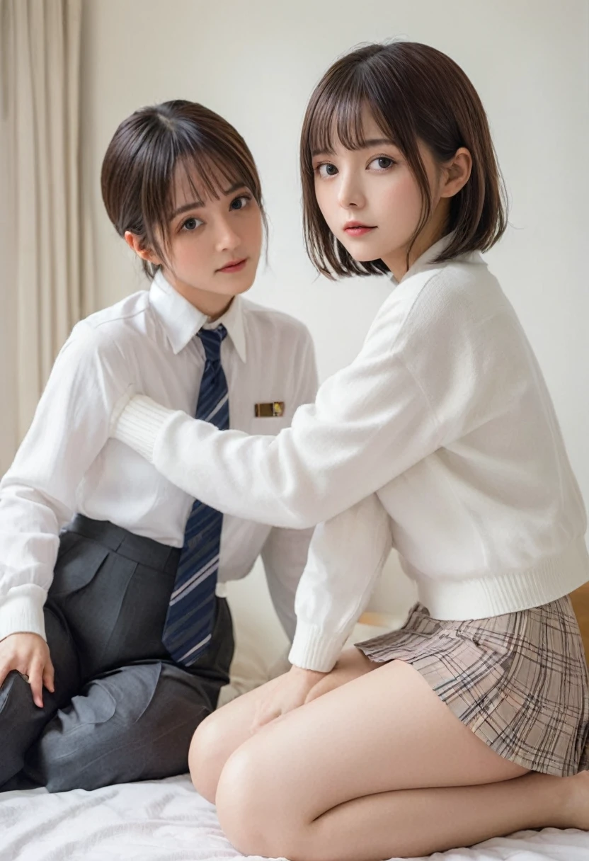 8K, RAW portrait of (Women in Japan),​masterpiece、Photorealsitic:1.3、photographrealistic, 超A high resolution, Best Quality, Real life photography ,( At night :1.1),((( Two girls lift up their skirts and show off their panties in a bedroom late at night)))、(kawaii faces:1.4)、Two very cute Japanese girls,(( in Japan))、((Realistic Schoolgirl))、((School uniform、Dark blue blazer、Plaid pleated skirt、a bow tie))、 Long hair,,Slender body,、inside in room、
Big beautiful detailed eyes, Black hair,(depth of fields:1.3),、((Disheveled clothes:1.3))、 ((dark-brown eyes:1.5))、(Authentic skin texture:1.3)、(Immersive atmosphere:0.8、Chiaroscuro:1.2) 、(looking at viewert)、Looking at the camera、Look at viewers、((embarrassed from:1.5))、A smile:0.3、((Reddened cheeks:1.3))、((Ceiling from below:1.3))、(The body is facing the camera:1.5)、((Wear black floral silk panties))、((up skirt))、((Woman Pulling Up Her Skirt))、((Bend your knees and spread your legs to the sides:1.35))、((frombelow:1.5))、((Close-up in the crotch:1.6))、((pantie shot:1.3))、((Low position shots))