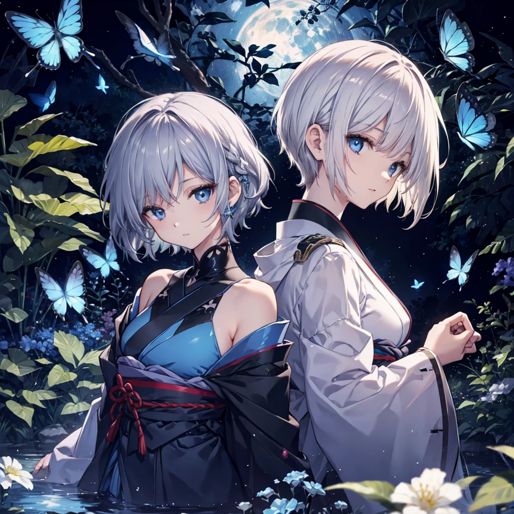(((1 person))) ((High resolution Gray Hair short hair shoulder)) ((Black Band military commander Lonely despair blue eyes)) ((Blue Butterfly night Japanese style old Shining Aura garden water surface)) moon star Nude