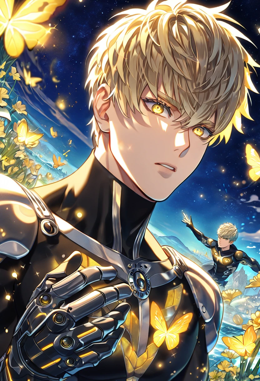 absurdres, highres, ultra detailed, HDR, master piece, best quality, extremely detailed, Genos, ash-blonde hair, expressive yellow eyes, One Punch Man, solo, sexy man, handsome, black clothes, fantasy, water, sparkling, yellow glittering fireflies, moon, yellow flowers, yellow butterflies, starry sky