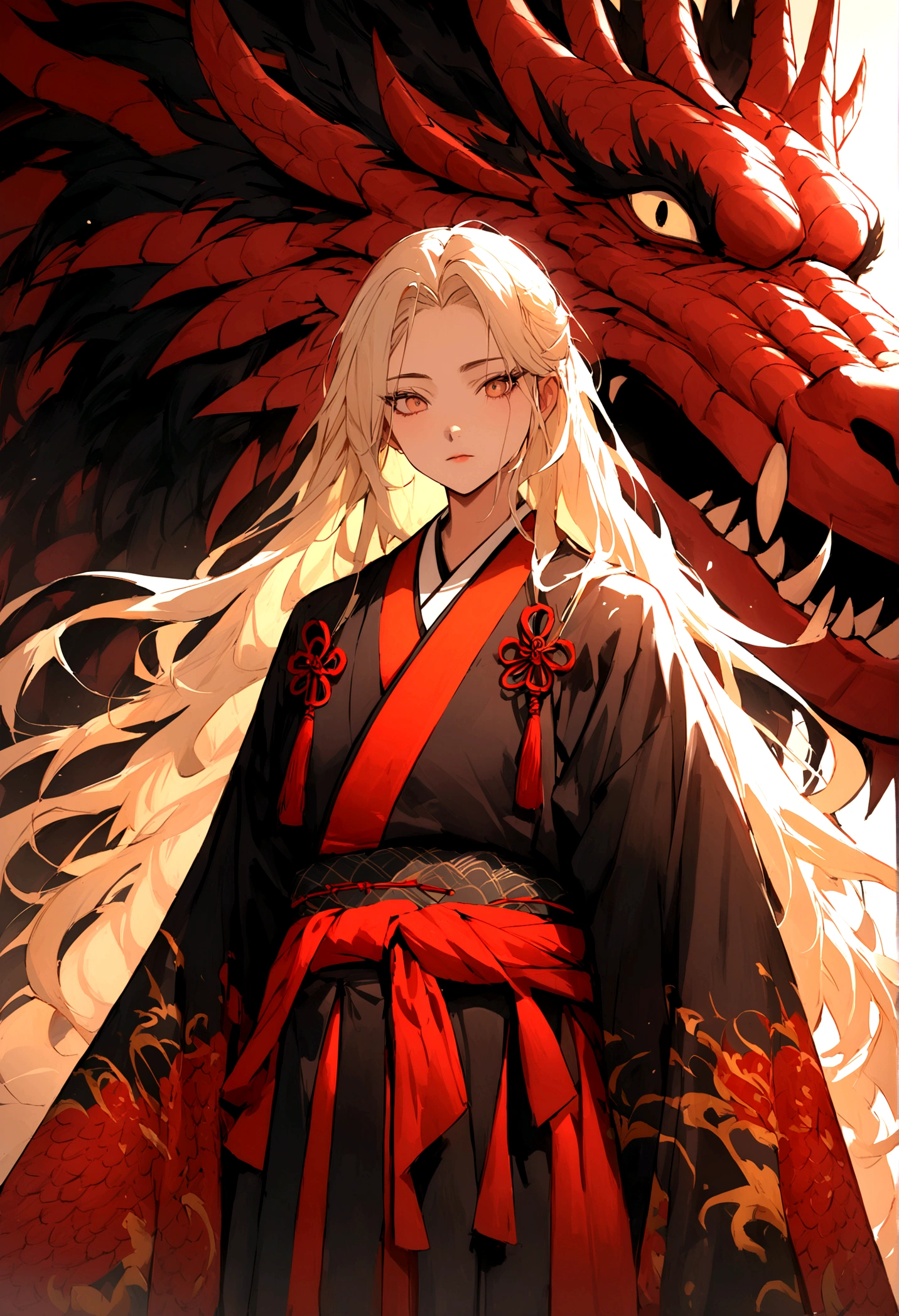 /imagine "A young warrior with long, silky hair, with a beautiful and captivating appearance. He wears a detailed traditional Japanese kimono, and two katanas are firmly attached to his waist. The young man is facing an imposing and majestic Chinese dragon, its scales shining with a touch of realism. Art must be anime style, but with a high level of realism and impressive detail, capturing every nuance and expression. ultra high quality."