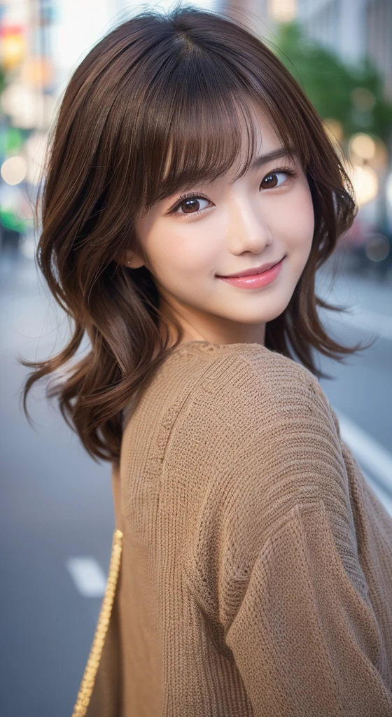 A happy smile looking at this、In the city、(top-quality,8K picture quality,masterpiece:1.3,),(超A high resolution:1.3,Photorealsitic:1.4,Raw photography:1.2),(ultra-detailliert:1.2,shinny skin,Detailed skin:1.1),(Detailed face,Perfect Anatomy,Caustics:1.2),,女の子1人,kawaii,japanes,18year old,Japanese ido,Natural brown hair,Curl short hair outward,Pretty eyes,natural make up,bright casual clothes,A smile,Looking at the camera,up on the face,Face Focus,Professional Lighting,natural soft light,