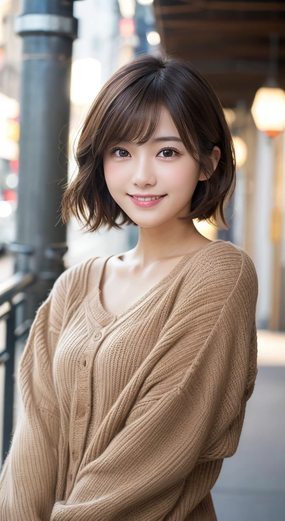 A happy smile looking at this、In the city、(top-quality,8K picture quality,​masterpiece:1.3,),(超A high resolution:1.3,Photorealsitic:1.4,Raw photography:1.2),(ultra-detailliert:1.2,shinny skin,Detailed skin:1.1),(Detailed face,Perfect ???????,Caustics:1.2),,女の子1人,kawaii,japanes,18year old,Japanese ido,Natural brown hair,Curl short hair outward,Pretty eyes,natural make up,bright casual clothes,A smile,Looking at the camera,up on the face,Face Focus,Professional Lighting,natural soft light,