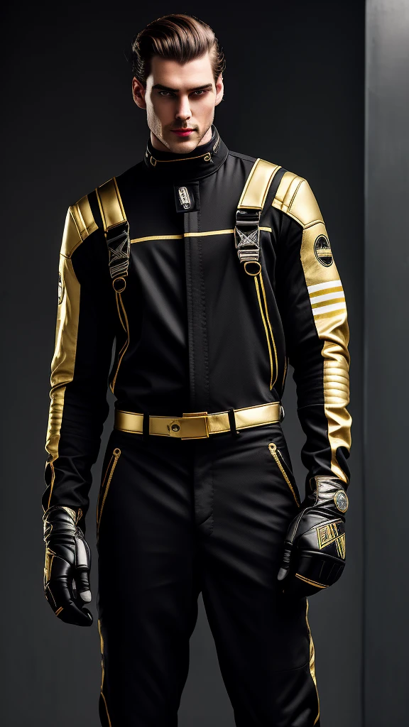 A avatar of a tall man, a misterious racer, stands trusting in a radiant black racing helmet, adorned with gleaming gold accents, paired with sleek black overalls with a gold vertical stripes and vibrant black gloves, striking a right arm lifted up pose, exuding confidence. in a neutral background