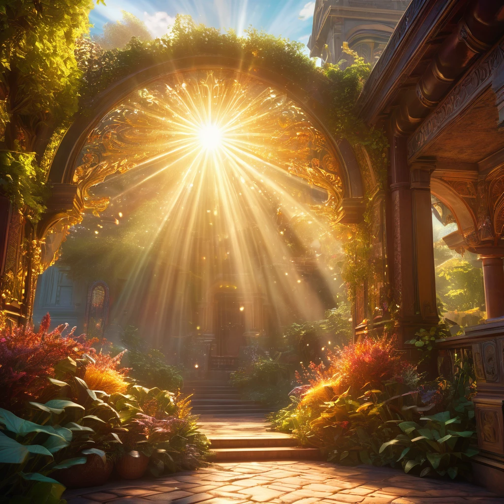 intricate detailed fantasy, cinematic lighting, volumetric lighting, dramatic shadows, radiant sun rays, digital art, cinematic composition, dynamic pose, ethereal, dreamlike, vibrant colors, warm color palette, glowing, serene, peaceful, transcendent, (best quality,8k,highres,masterpiece:1.2),ultra-detailed,(realistic,photorealistic,photo-realistic:1.37)