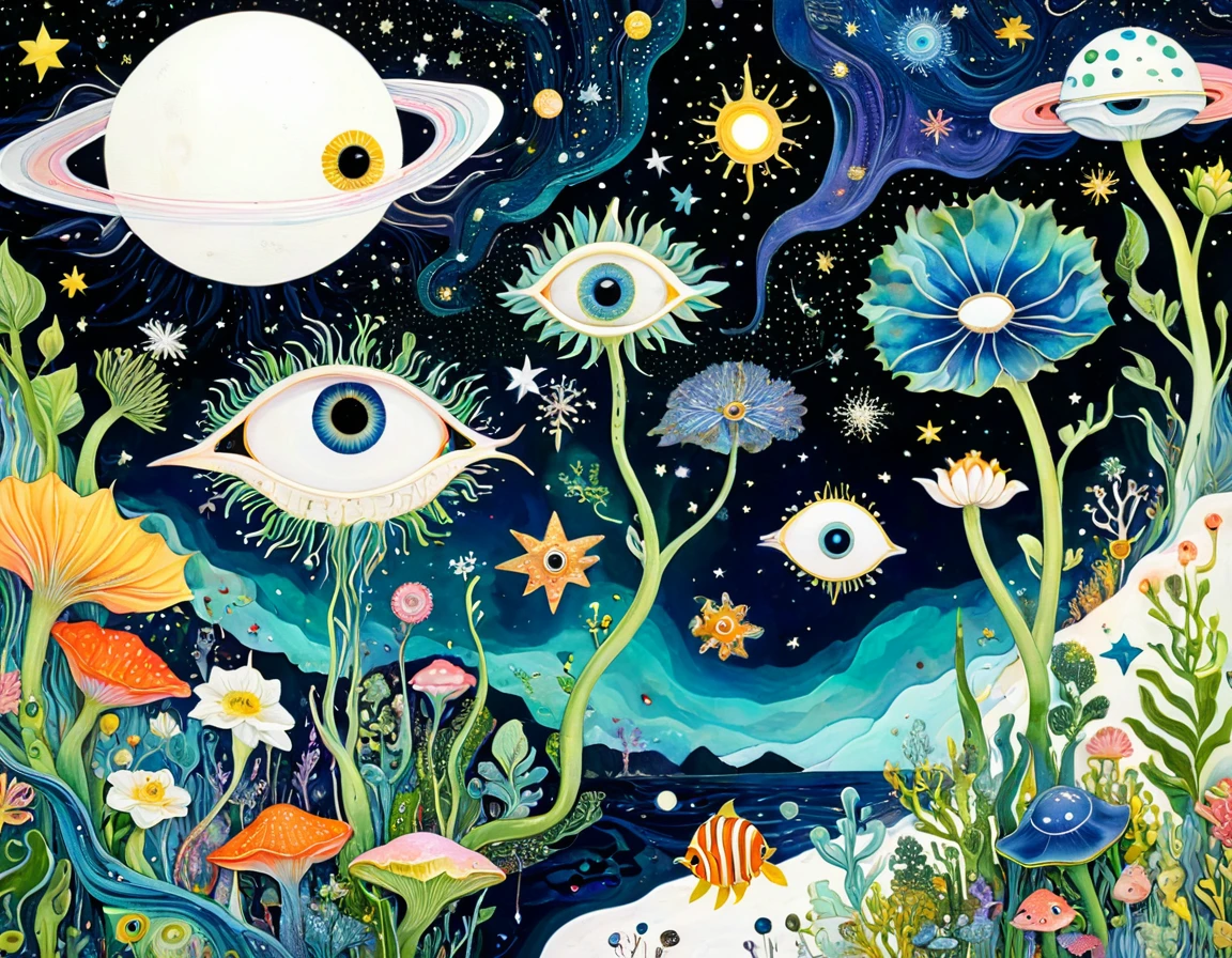 bud,microorganism、plant、Marine life、Eye、Starry Sky,Stitching together an abstract painting,Animal shapes,Describing the inner world of autistic people,Sense of space,White Space,interesting,Innocence,Psychedelic Art