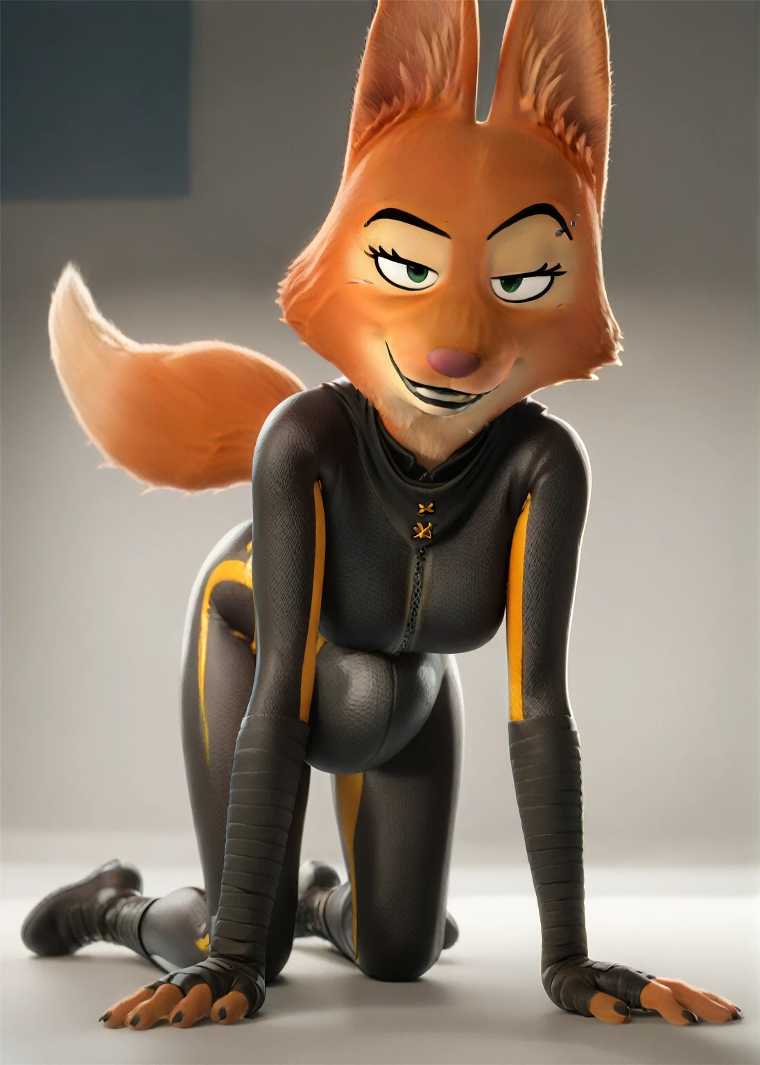 score_9, score_8_up, score_7_up, score_6_up, score_5_up, score_4_up, 
Diane_Foxington, ginger fur, emerald eyes, black lipstick, black eyebrows, silver piercings on eyebrow, fox tail, bodysuit with yellow trim and black wraps, smirk, looking at viewer, on all fours, Fullbody, (vore), ((large) moving vore belly, a whole full sized person inside of the stomach struggling), belly covered up by bodysuit, swallowing down a large dodgeball with a visible throat bulge 