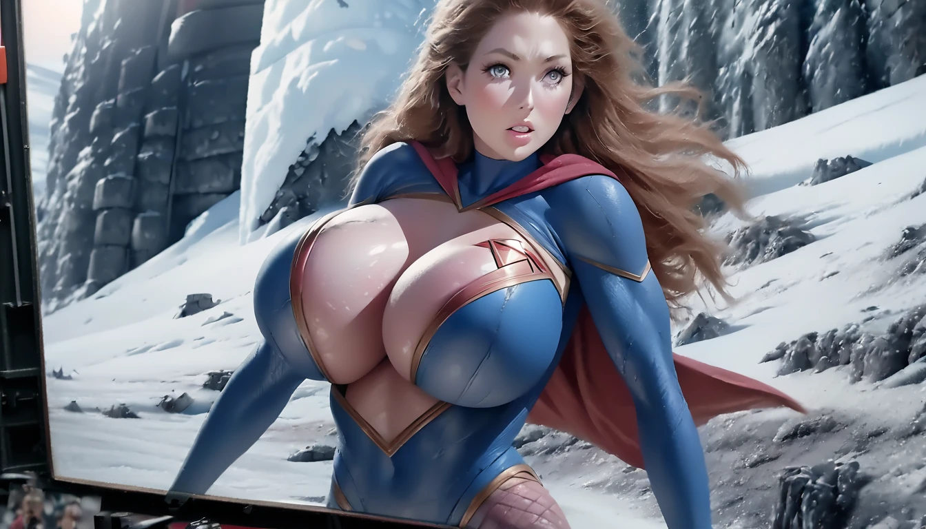 Fortress of Solitude (south pole) place; strong Julie Hagerty Supergirl 1984s take off; big and strong breasts. HD. Photograph, ((realism)), extremely high quality RAW photograph, ultra detailed photograph, sharp focus, high resolution, (detailed skin:1,3),high quality, film grain, Fujifilm XT3,Highly Detailed, movie, (Cinematic Photo:1.3) of (Realistic:1.3)