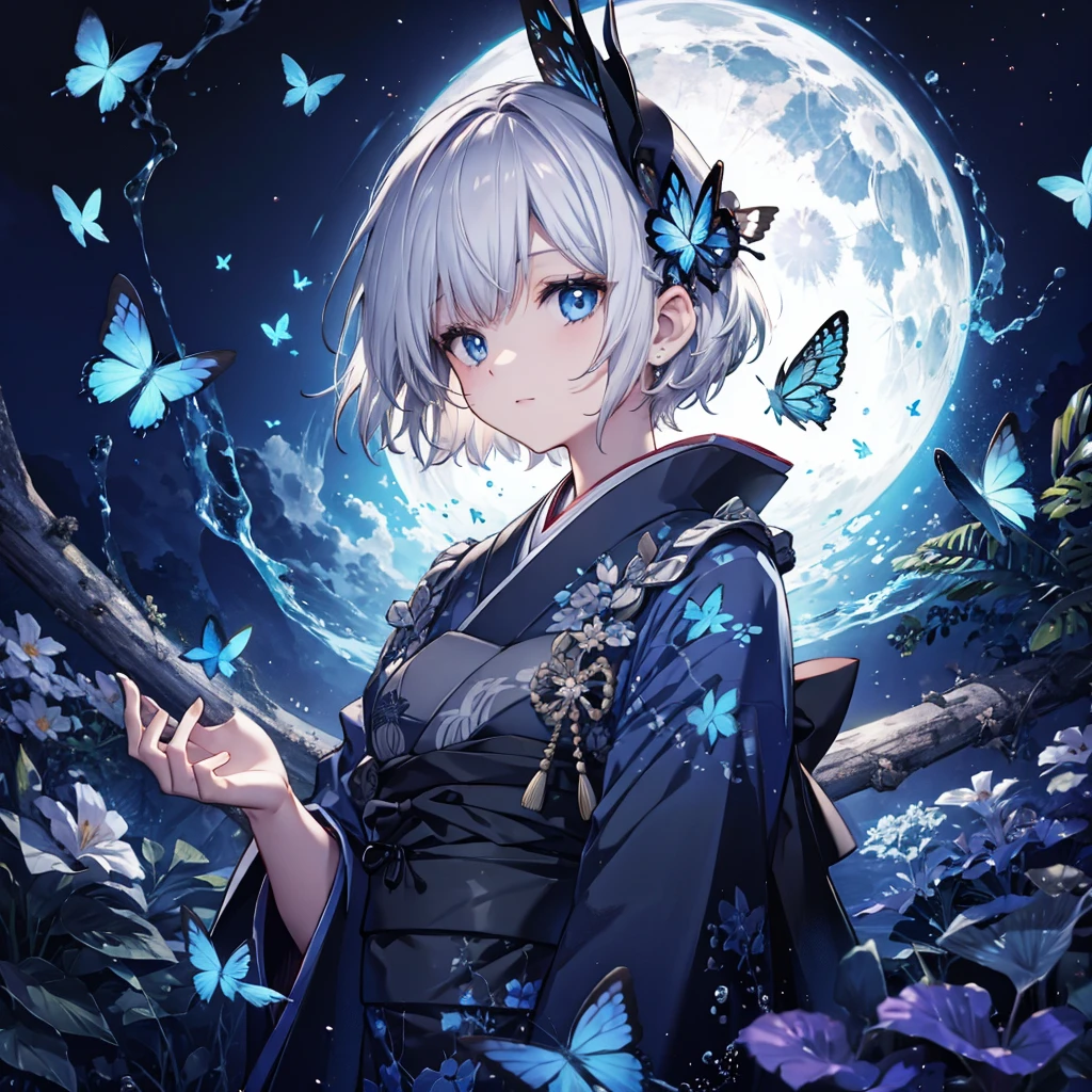 (((1 person))) ((High resolution Gray Hair short hair Black kimono shoulder)) ((Black Band military commander Lonely despair blue eyes)) ((Blue Butterfly night Japanese style old Shining Aura garden water surface)) moon star
