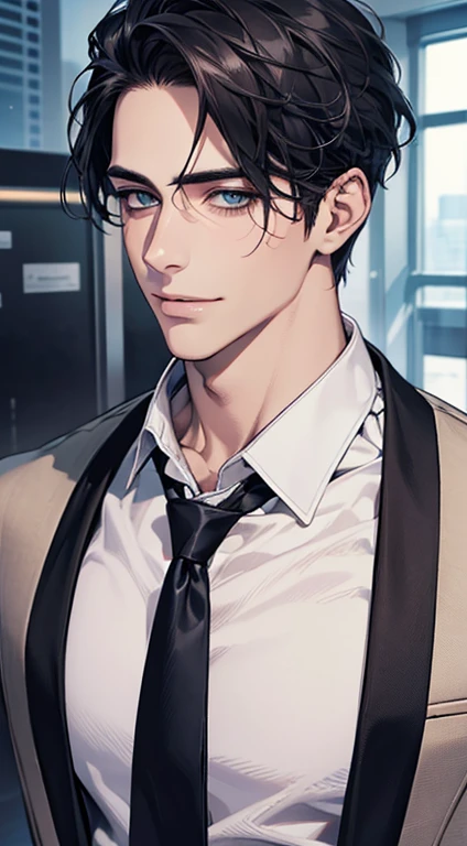 (Highest quality,4K,8K,High resolution,masterpiece:1.2),Super detailed,(Realistic,photoRealistic,photo-Realistic:1.37),1 person,31 years old,Mature Men,Beautiful skin、very handsome,Expressionless,smile,Short gray black hair,blue eyes,Sharp Eyes,A perfect face without a doubt,Businessman,Office Background,Cinema Lighting,HDR image,tie、