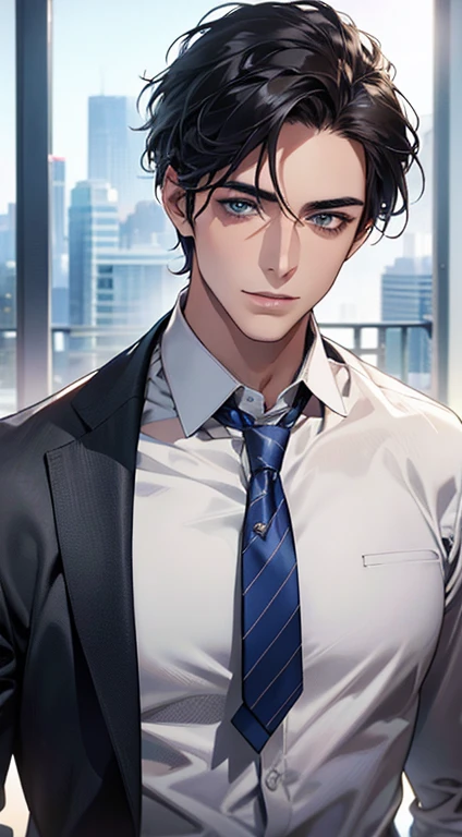 (Highest quality,4K,8K,High resolution,masterpiece:1.2),Super detailed,(Realistic,photoRealistic,photo-Realistic:1.37),1 person,31 years old,Mature Men,Beautiful skin、very handsome,Expressionless,smile,Short gray black hair,blue eyes,Sharp Eyes,A perfect face without a doubt,Businessman,Office Background,Cinema Lighting,HDR image,tie、