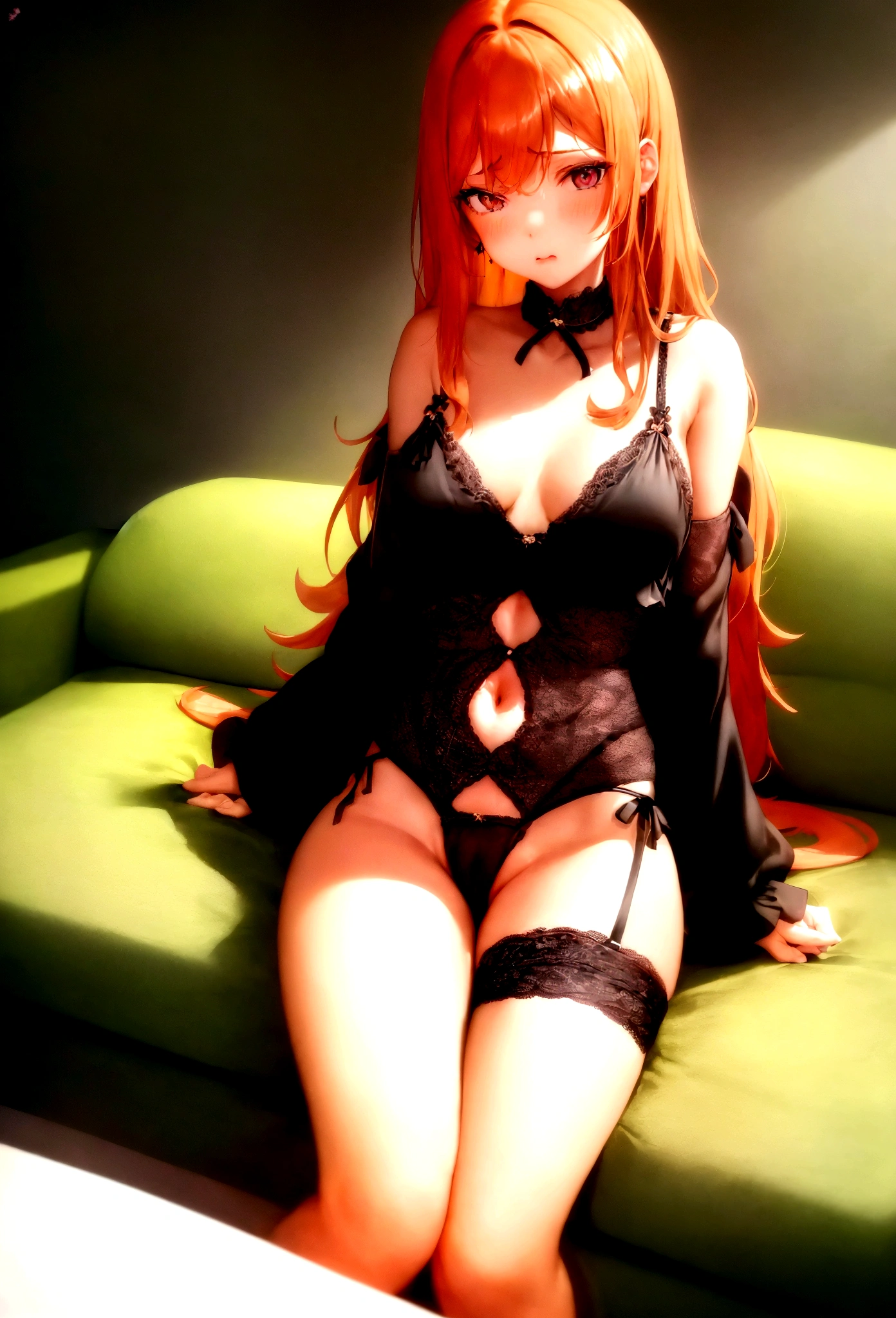 A very young girl, long ginger hair, large budding breasts, sitting on a black couch wearing a tiny black top exposing most of her breasts, black lacey panties, spreading her legs open, view of tiny pussy, tiny pussy cameltoe, blushing, rating_explicit,