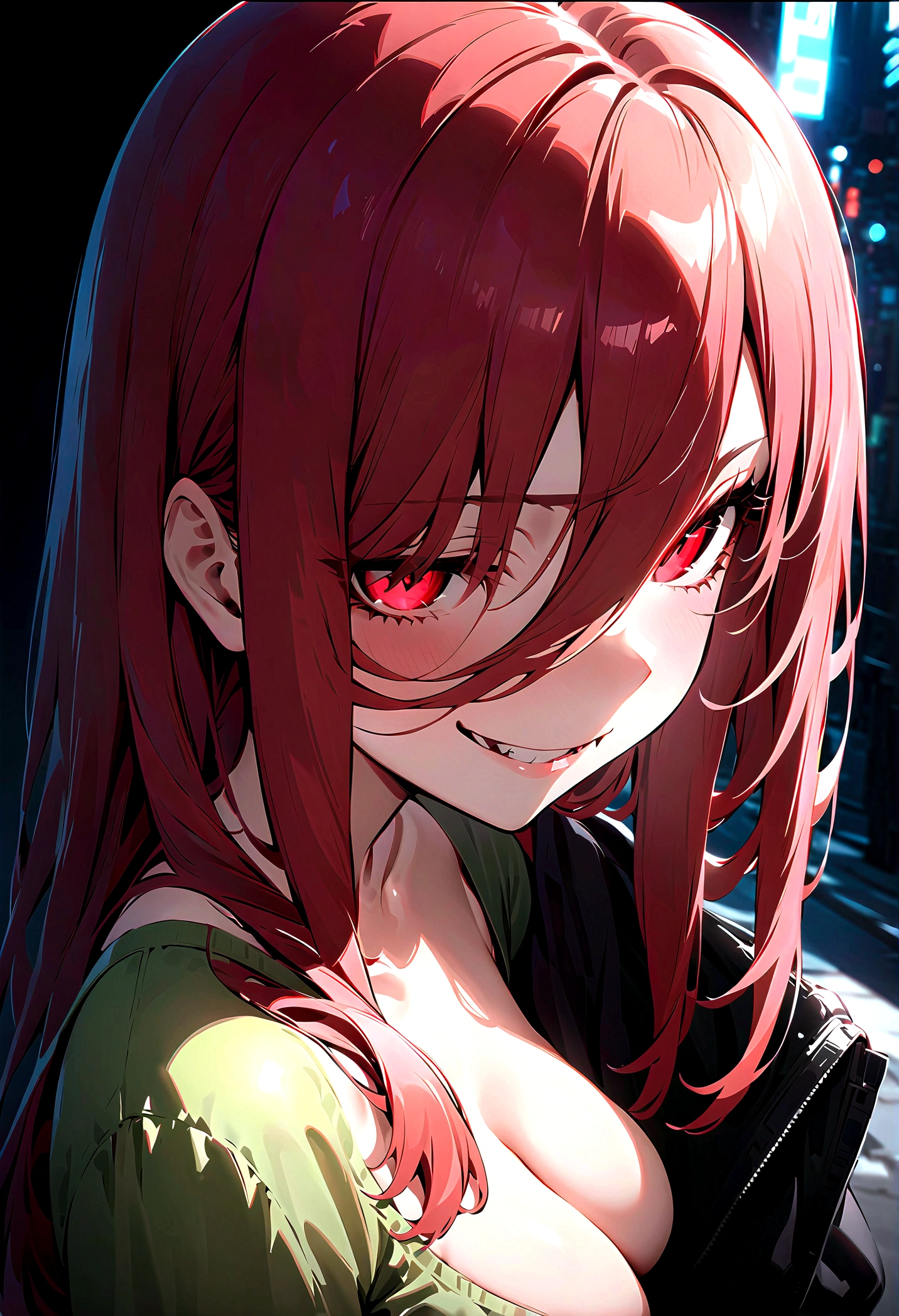 (Masterpiece:1.2, Best Quality), 1 woman, whole body, cyberpunk ropa, Casual, medium breasts,long red hair, minimal makeup,pale,Natural fabrics, closeup face, evil smile, bright red eyes circular pupils,4k high resolution,UHD, detailed lines