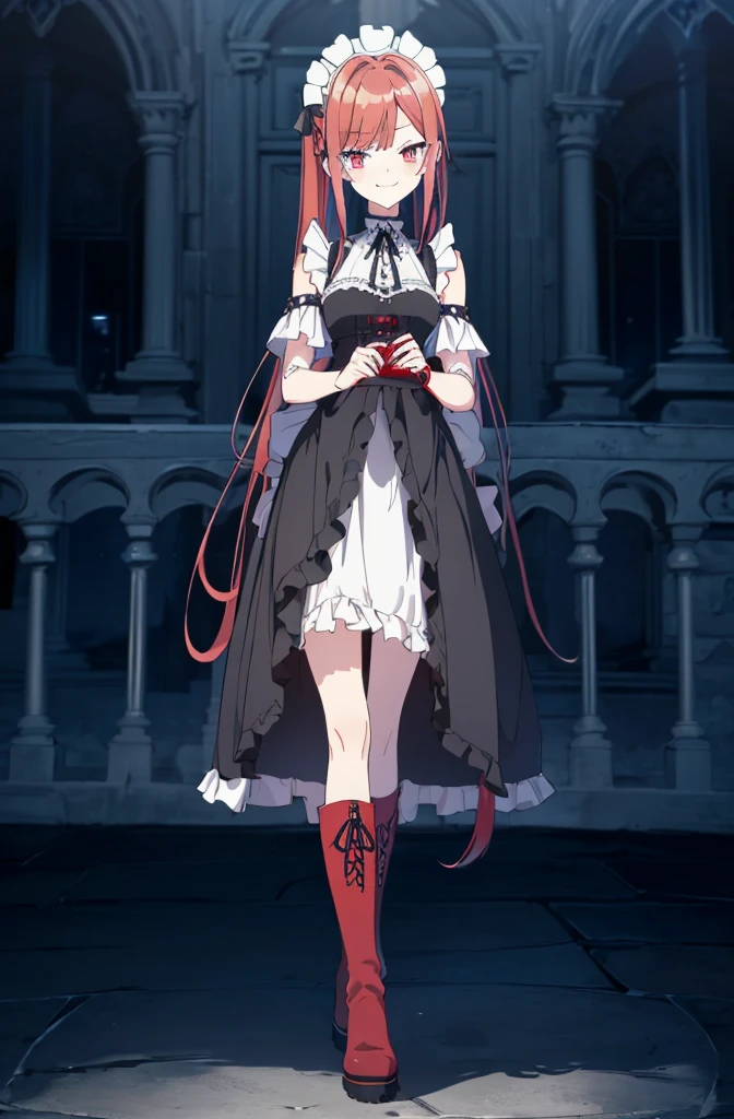 [(cathedral background:1.4)::5],original,(illustration:1.1),(best quality),(masterpiece:1.1),(extremely detailed CG unity 8k wallpaper:1.1), (colorful:0.9),(mid shot:0.95),(full body:1.5),Dynamic angle,(solo:1.2), (girl),((adult)), (detailed beautiful eyes:1.15), (beautiful face:1.15), (glowing red eyes:1.25////),((red medium hair)),(blunt bangs),(high twintails),(+perfect hand+:1.21),(Draw an illustration of a gothic girl),(Religious),(slender),(black boots on her feet),((is wearing white maid clothes)),(furious), Lace Off-shoulder ta fashion,beautiful slender woman,((evil smile)),adult,thin legs,((red hair)),((black boots)),